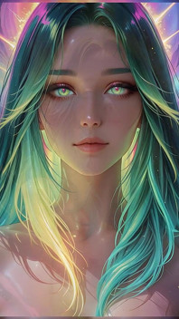 Retrato de beleza cósmica de neon com olhos iluminados, fantasia sonhadora, ai arte slideshow