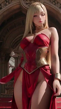 Blonde Queen in Red! Sitting by the Fountain, Adjusting Her Slit Dress. Eyes Locked on You.