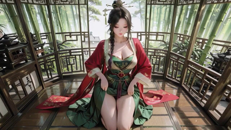 Seraphina Vale: The Red-robed Goddess in a Sun-dappled Secret Garden, Lazily Turning...