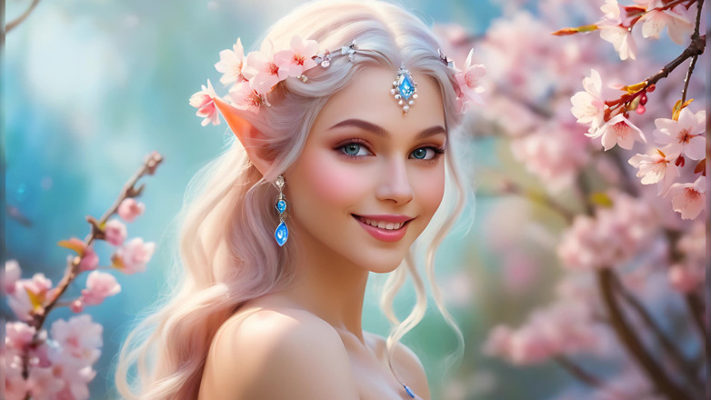 LustRender: Una donna nuda sorridente che tiene in mano cherry blossom,...