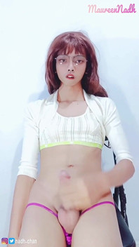 Asian Shemale Trap Solo Masturbation, Cum on Her Belly