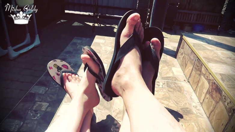 Goddess Misha Goldy: Outdoor flip flop dangle with alpha