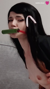 Cutie Nezuko Kamado From Demon Slayer Has Fun with Zenitsu's Dick While Muzan Is Looking for Her