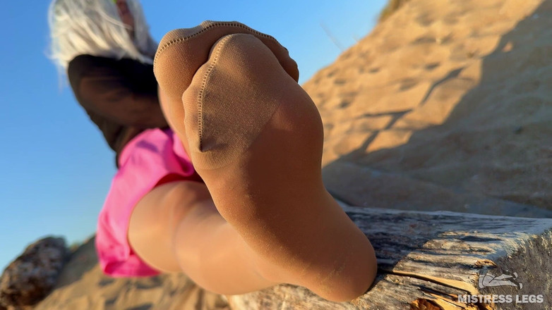 Mistress Legs: Pantyhose Feet on the Sand Beach: Her Soles in Nylons...