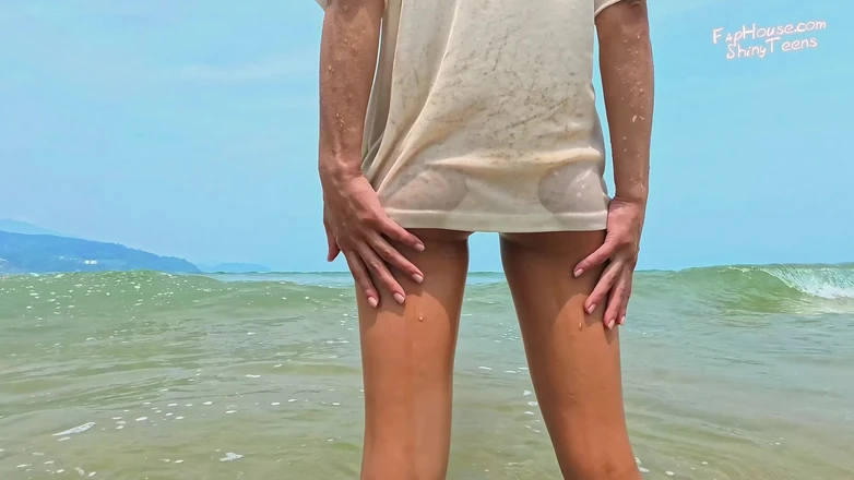 Shiny teens: 868 Wet Glossy Nude Pantyhose on the Beach