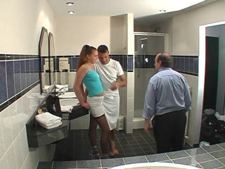 Lucky Cooch: Stockinged brunette fucked hard in the bathroom