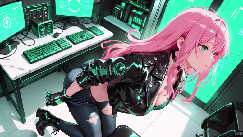 Tay Swift X: Pink-haired Leather Tech! Private Vibes in a Neon-lit Cyber Corridor.