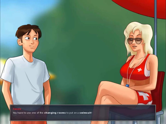 Cartoon Play: Summertime saga part 137 - blowjob through a hole swim guard