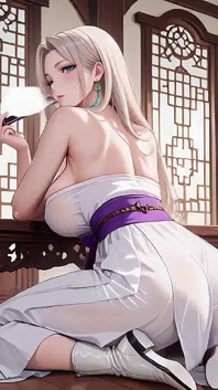 Bílá kimono služka! Klečení na japonské chodbě, obrovská štěrbina odhalující mokrá stehna pod sluncem.