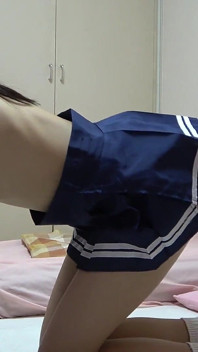 Apron-style Student Uniform, Miniskirt, White G-string Panties and White Socks, Slender Japanese Girl Cleaning Her Apartment