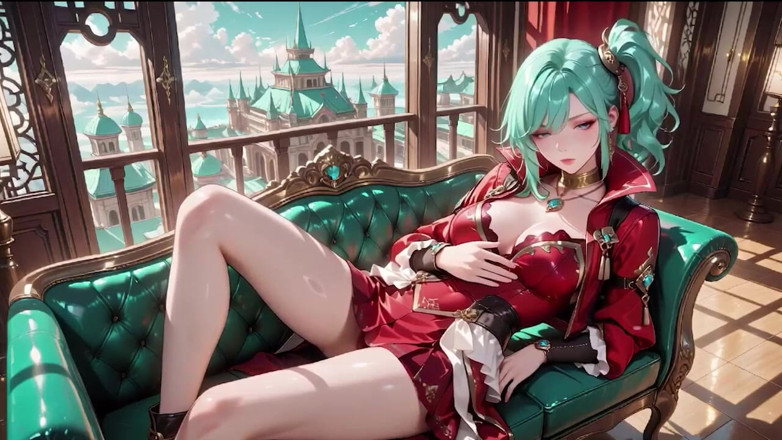Tay Swift X: The Red-clad Blade's Private Tease! Green-haired Warrior in a Black-red...