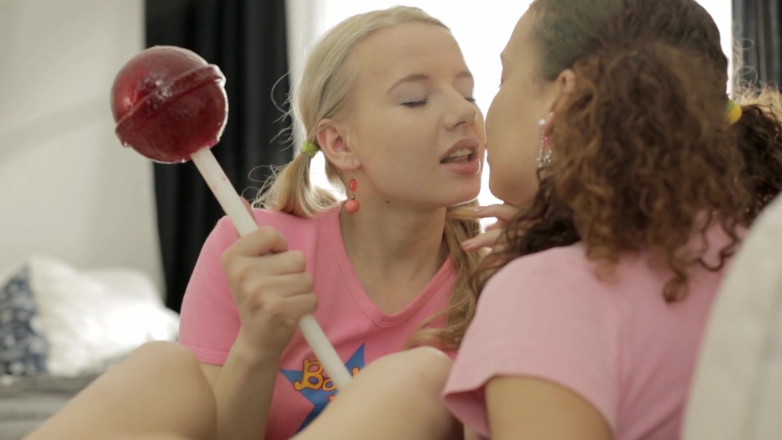 Adult Deluxe: Pigtailed Lesbians Share a Lollipop &amp; Fuck