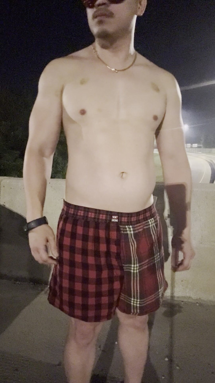 Barenakedboy: Flexing and Showing off on a Bridge