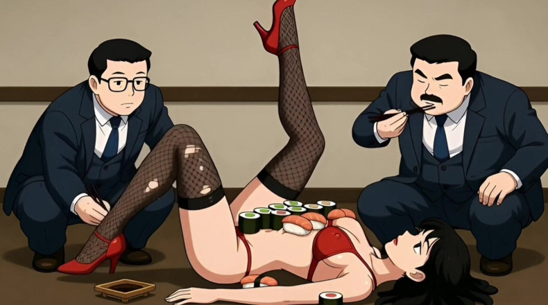 Octopussy Lovers Club: Sushi-mädchen: reiche typen essen essen vom körper einer sexy schlampe...