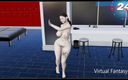 Virtual fantasy studio: 裸体 3D 女孩与大胸部和大屁股，毛茸茸的阴户，在更衣室里脱光性感。