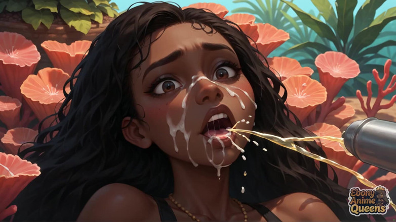 Ebony Anime Queens: Zwoele zwarte vrouw houdt van Gullet orgie op een tropisch...
