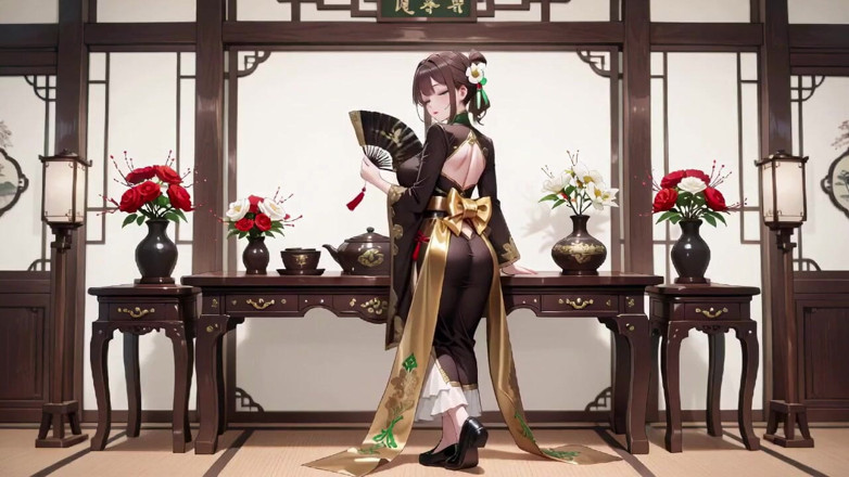 Tay Swift X: Die schwarz-gold-qipao-dame kniet auf dem Holzkorridor nieder und spielt mit...