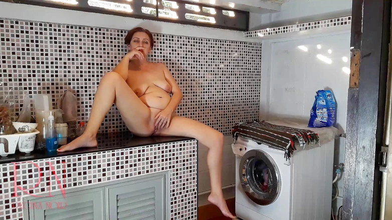 Regina Noir: Nudist housekeeper Regina Noir masturbates in laundry. Naked maid. Naked...
