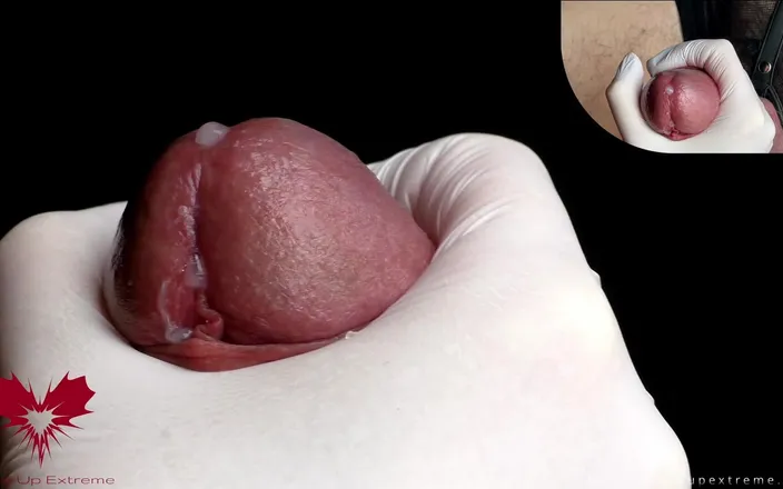Close Up Extreme: Glans Game with White Latex Gloves in Super-closeup