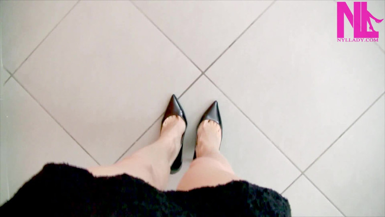 Nyllady: Modeling and Stretching My Bare Legs in Black Patent High...