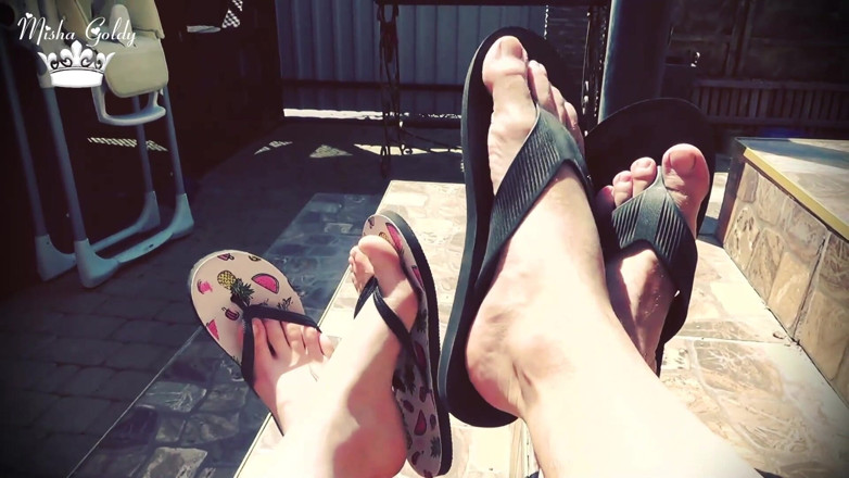 Goddess Misha Goldy: Outdoor flip flop dangle with alpha
