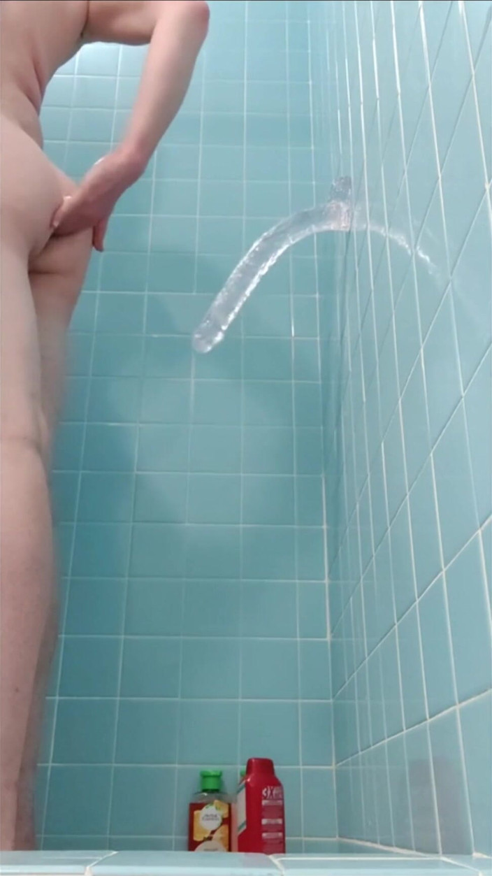 Fan of chance: Standing up with my clear 14 inch dildo
