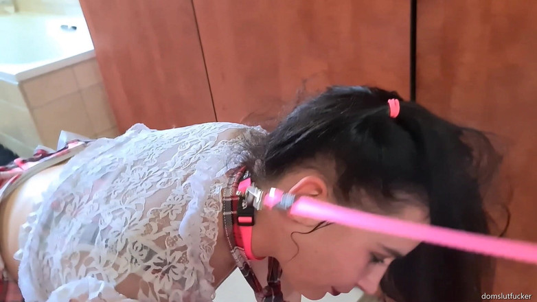 domslutfucker: Pigtailed slut walked with leash laps up piss