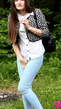 Desperate Brunette Feels Her Bladder so Full She Is in Danger of Pissing in Her Jeans in the Woods