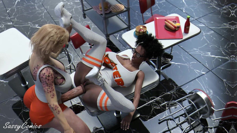 Sassy Comics Trans: New Hooters Girl Anal Fucked on Restaurant Table by Her...