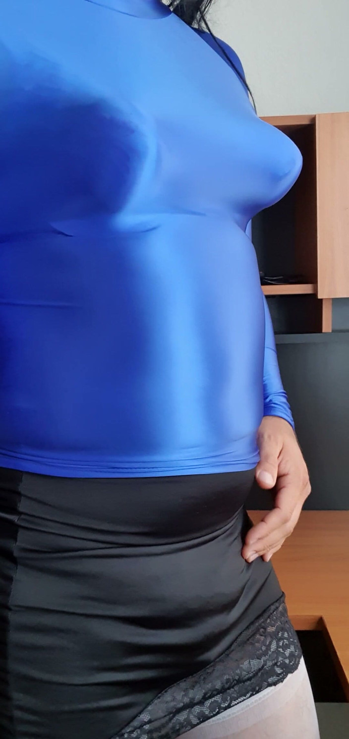 Sexy shinny clothes: Modeling My Blue Spandex Blouse and Pointy Tits