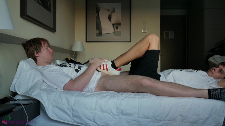 Ethan Alex: Alex gives me footjob in white-red sneakers and bare feet