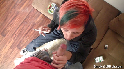 Smoke it bitch: Sweet chick smokes her cigarette and his dick in POV