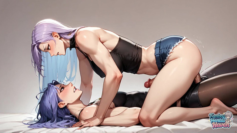 Femboy Hentai Haven: Travestito con capelli viola in un bikini bianco spruzza Jism...