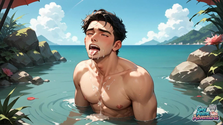 Gay Anime Adventures: Svalnatý chlap má rád zadek-šukání vyvrcholení na pláži, pokrytý enjoy...