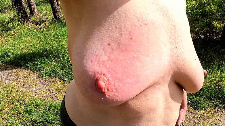 Bouncy Tits Action: Hiking and Only One Tit Red