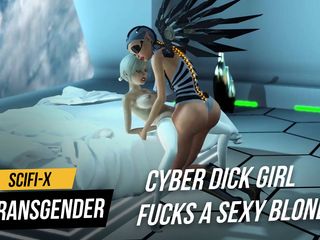 SciFi-X transgender: Cyber angel dickgirl fucks a sexy blonde in the space...