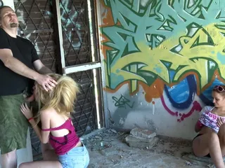 Dude fuck teenie outdoor while her friend watch it