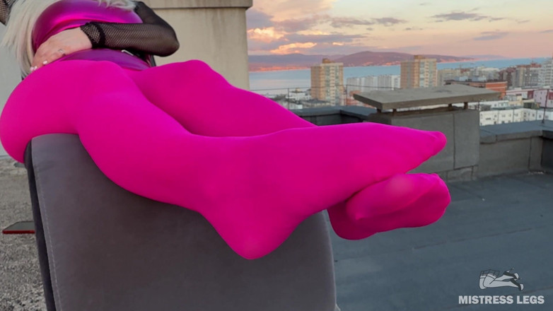 Mistress Legs: Pink Nylon Tease on the Rooftop at Sunset - Feet and...
