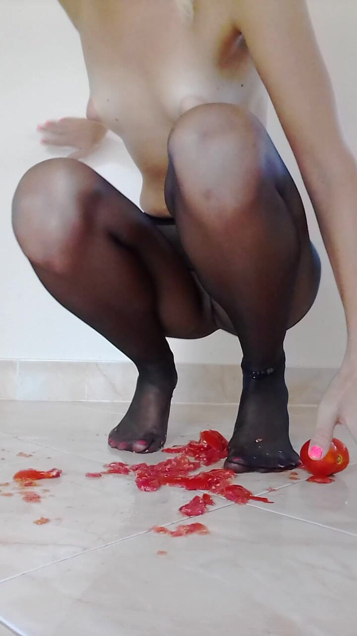 Tomato Crushing in Black Pantyhose