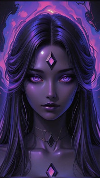 Mistyczna kosmiczna bogini ze świecącymi fioletowymi oczami Dark Fantasy Ai Pokaz Sztuki