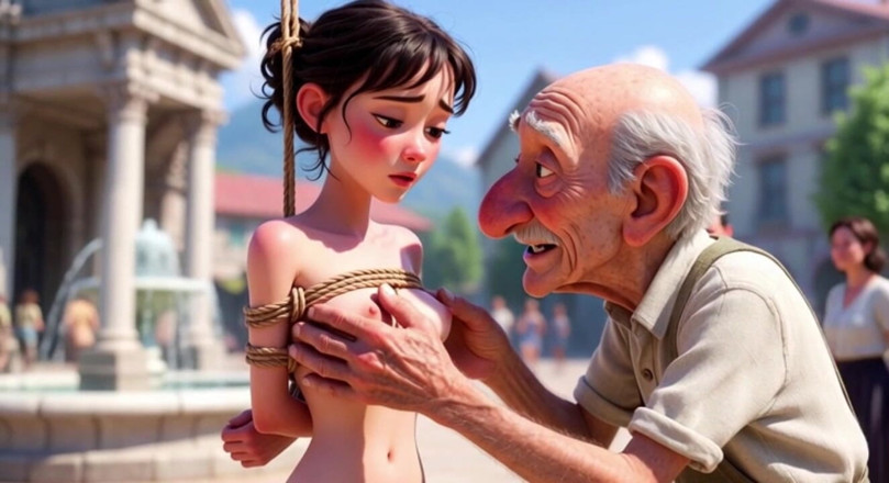 YOUR BEST FANTASY: Tied Woman in Public Square - Old Man Caresses Her Body