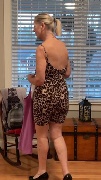 Nude GILF Model Dani D Mature Try on #1 (tight Purple Bodysuit, Leopard Print Bodysuit)