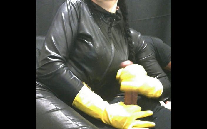 The flying milk wife handjob: Smoking wife in yellow rubber gloves causes a fountain cumshot