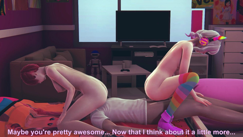 Waifu club 3D: Two gamer girls fuck one guy until he cums