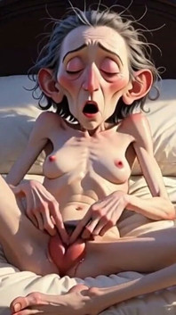 Extremely Skinny Old Woman Masturbates Her Tight Pussy with Her Fingers