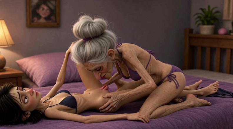 YOUR BEST FANTASY: Une vieille femme extrêmement maigre lèche le sexe d’une jeune...