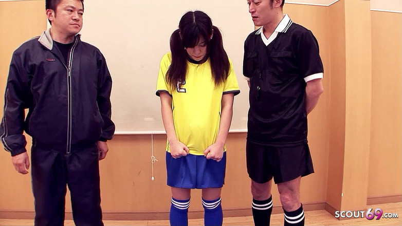 Asian porn collection: Skinny Asian teen with hairy pussy fucked hard in threesome