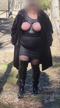 Julie Walking Through a Car Park Wearing Fur Coat, See Her Bound Tits Sticking Out