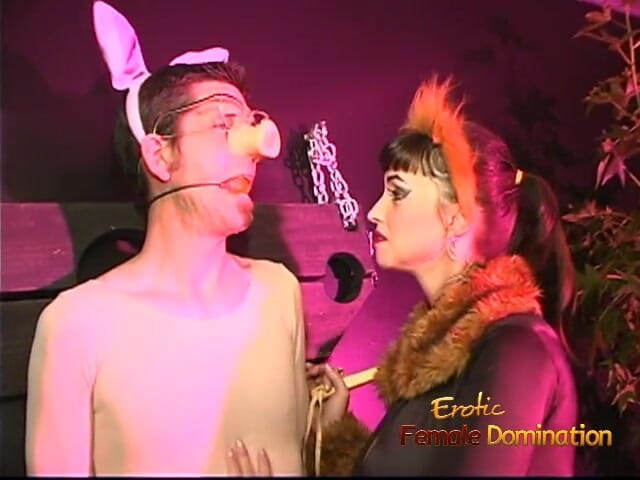 Erotic Female Domination: Busty femdom whipping ball gagged slave in costume