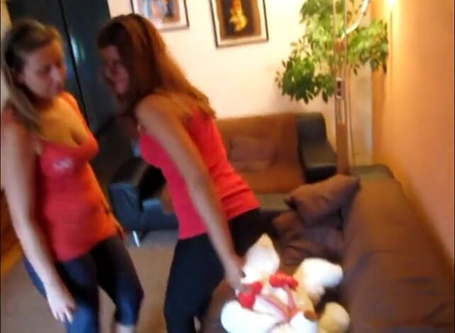 Femdom Austria: Two girl jumping on teddy bear